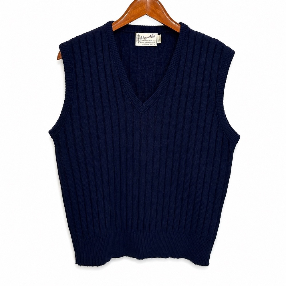 Vintage Clipper Mist Navy Blue Ribbed V-Neck Sweater Vest Mens Large Made in USA
